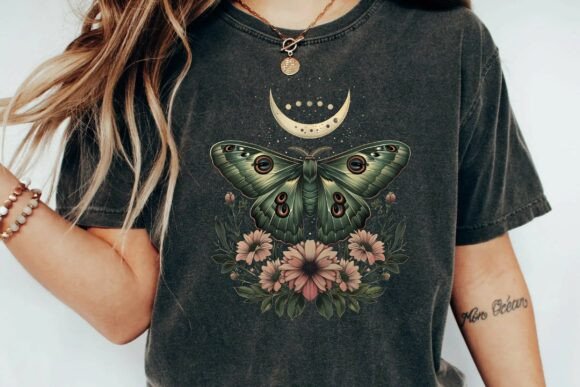 Enchanting Designs: Vintage Mystical Moth with Crescent Moon and Flowers