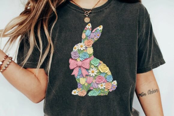 Spring Floral Easter Bunny with Glittery Pink Bow Sublimation Design
